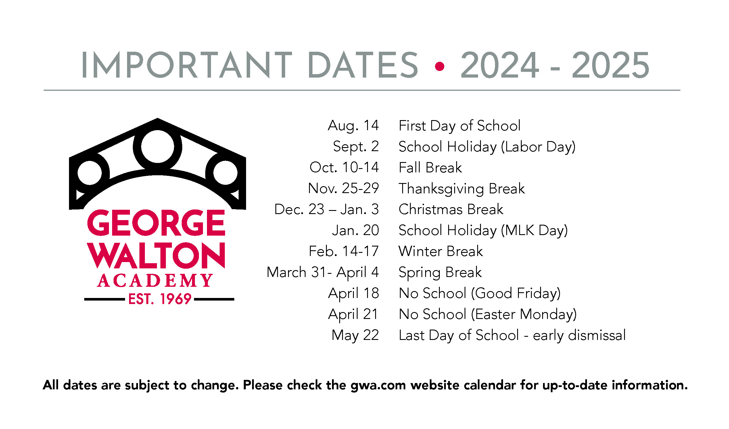 Important Dates 2024 2025 Walton Academy